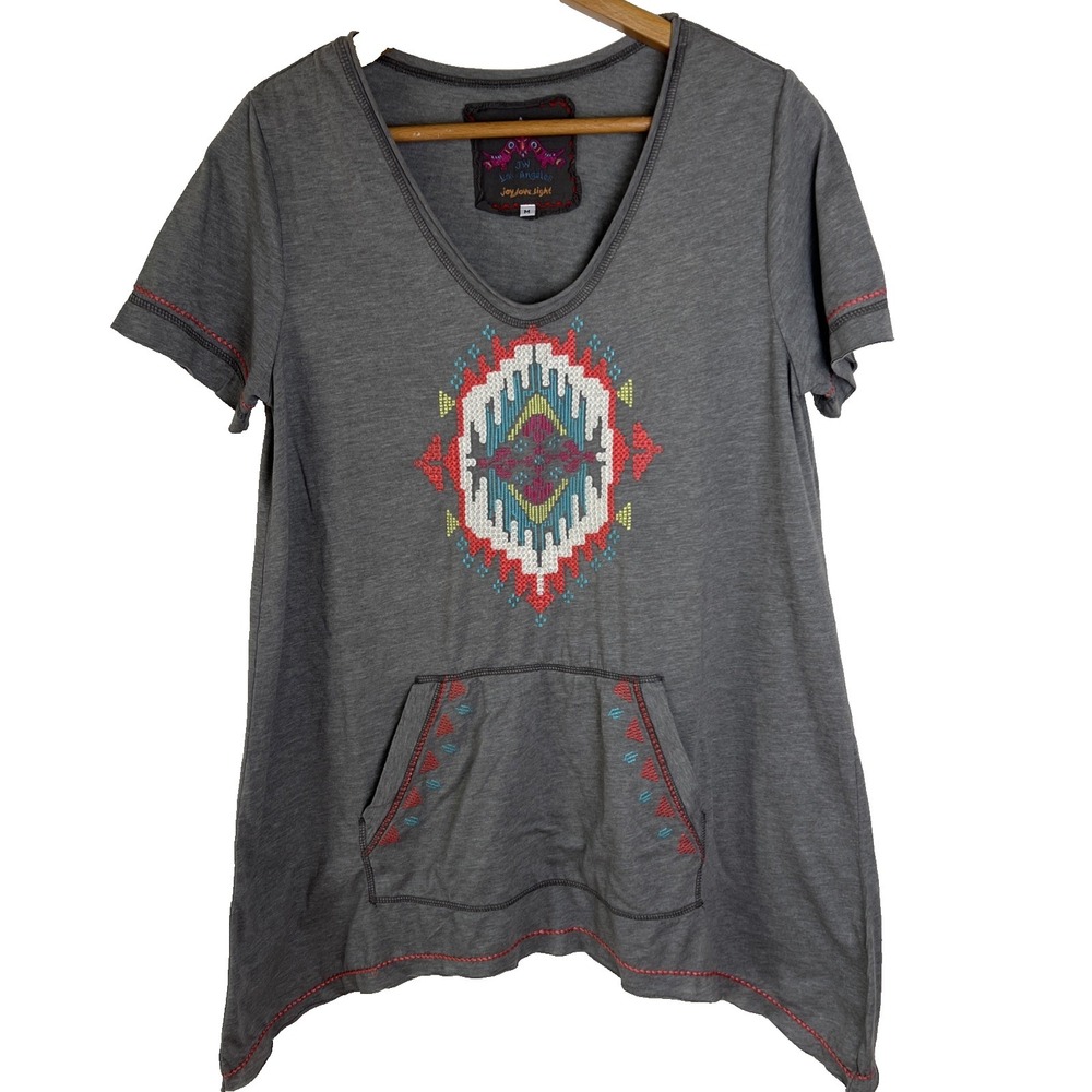 Johnny Was Womens Top Size Medium Boho Embroidered Pouch Shark Bite Hem Joy Love